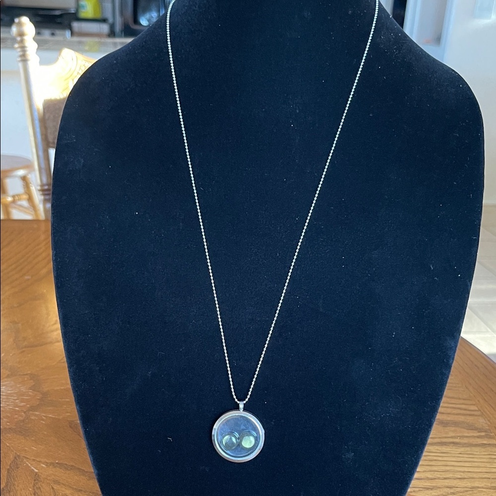 Round Silver Locket Necklace with Iridescent Blue-Green Orbs